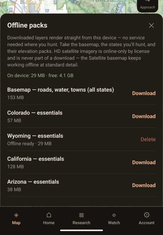 The Offline screen in the OpenHunt app with a state pack downloaded