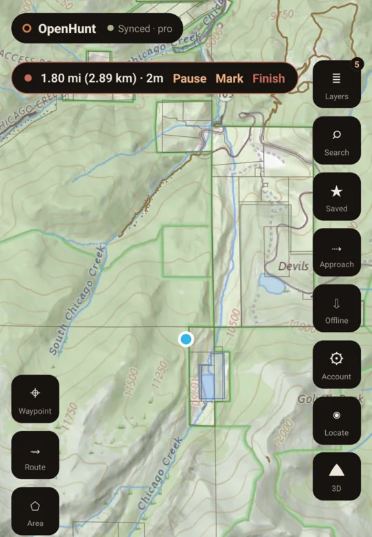 The OpenHunt map recording a track, with distance and elevation gain