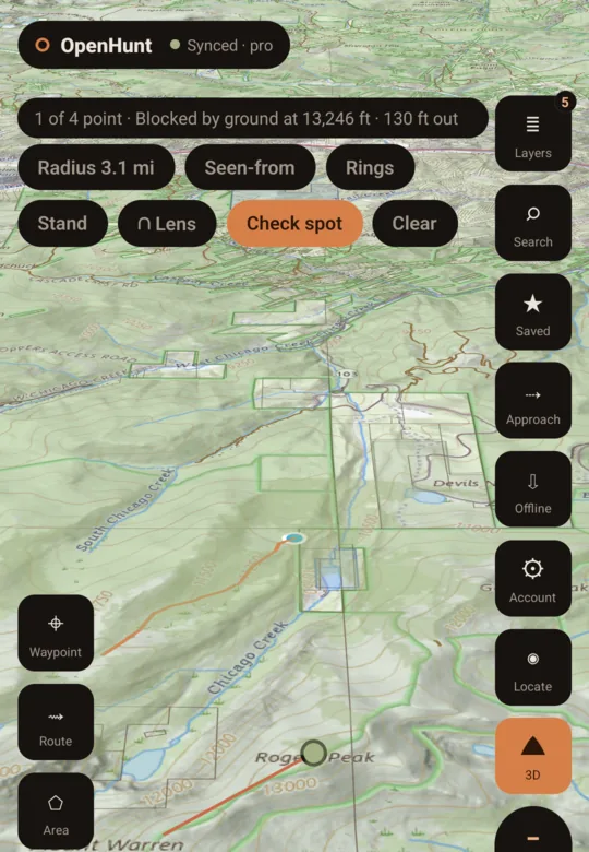 A viewshed painted over 3D terrain in the OpenHunt app