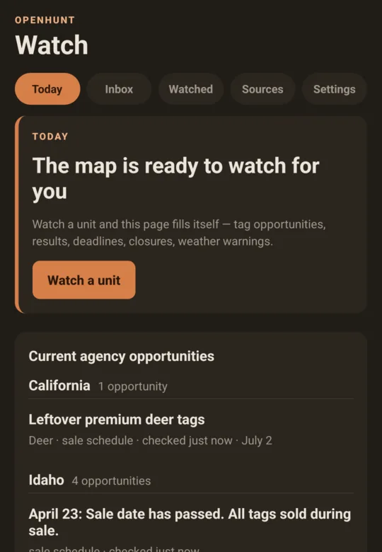 The Watch tab in the OpenHunt app with alerts from agency sources